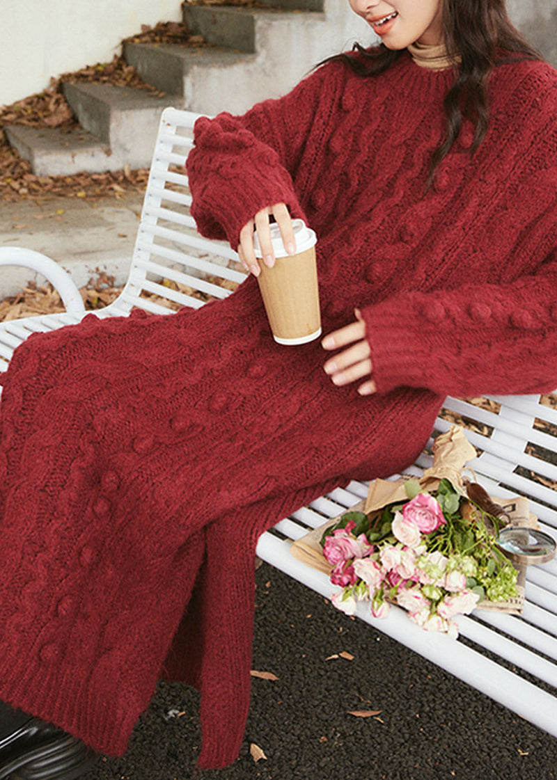 Handmade Green O-neck Side Open Cozy Cotton Knit Cable Sweater Dress Long Sleeve