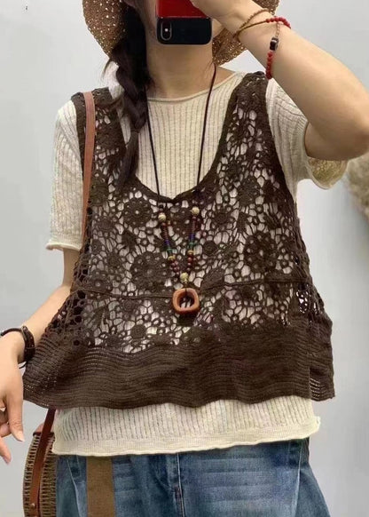 Black V Neck Hollow Out Knit Waistcoat Sleeveless