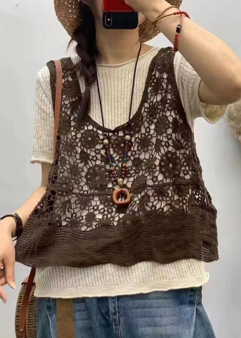 Black V Neck Hollow Out Knit Waistcoat Sleeveless