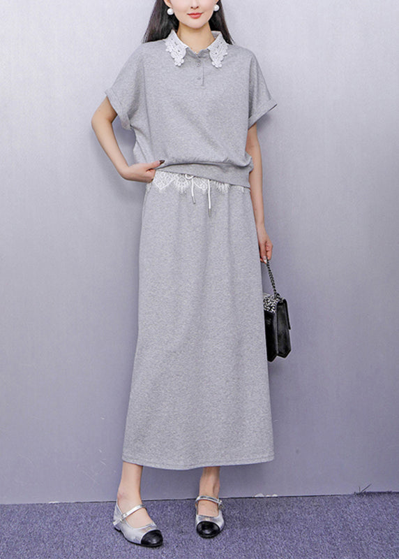 Grey Lace Patchwork Top and Maxi Skirts Two Piece Set Summer