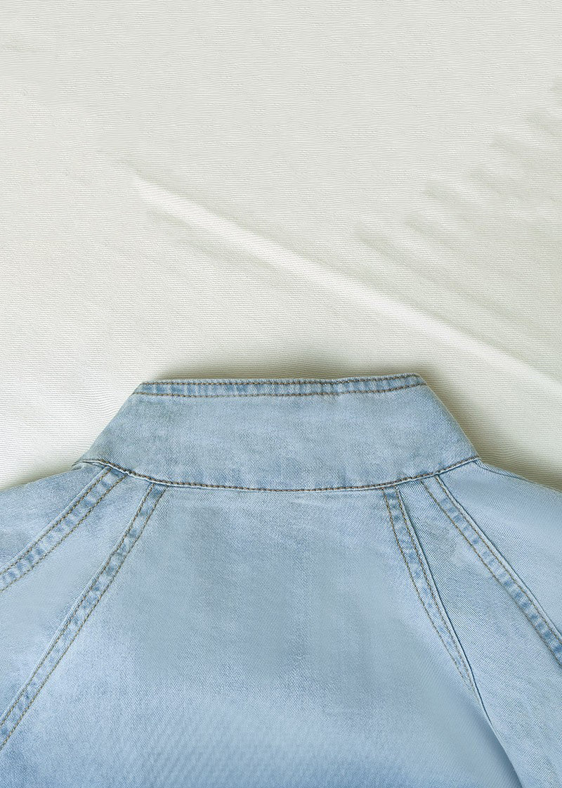 Loose Blue Stand Collar Lace Up Denim Shirt Lantern Sleeve Summer