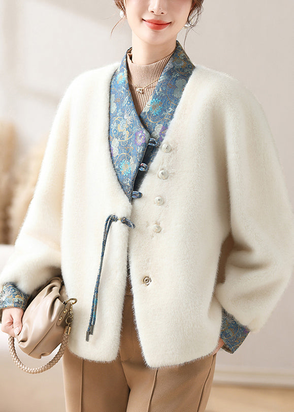 White Asymmetrical Button Mink Velvet Coat Winter