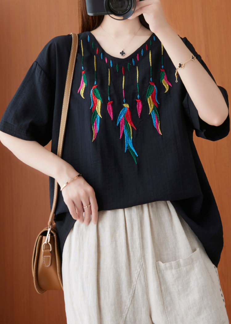 Black V Neckembroideried Cotton Top Short Sleeve