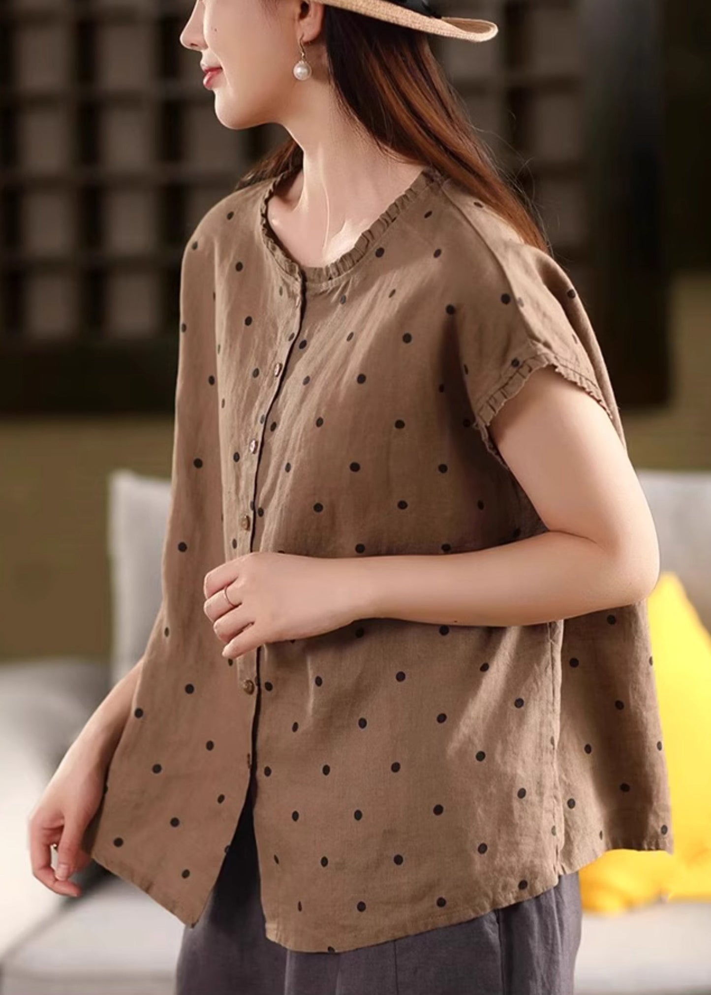 Coffee Ruffled Dot Linen Shirt Summer