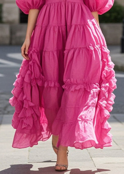 Rose Ruffled Exra Large Hem Cotton Dress Puff Sleeve Summer