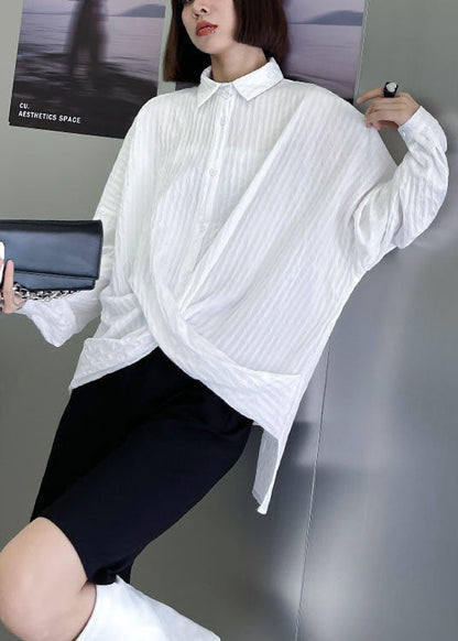 White Peterpan Collar Button Asymmetrical Design Fall Long Sleeve Blouse Tops