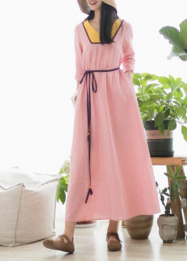 V Neck Patchwork Spring Clothes Fabrics Pink Maxi Dress