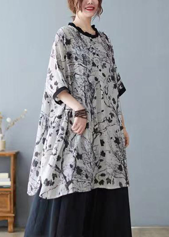 Grey Print Ruffled Patchwork Tops Short Sleeve