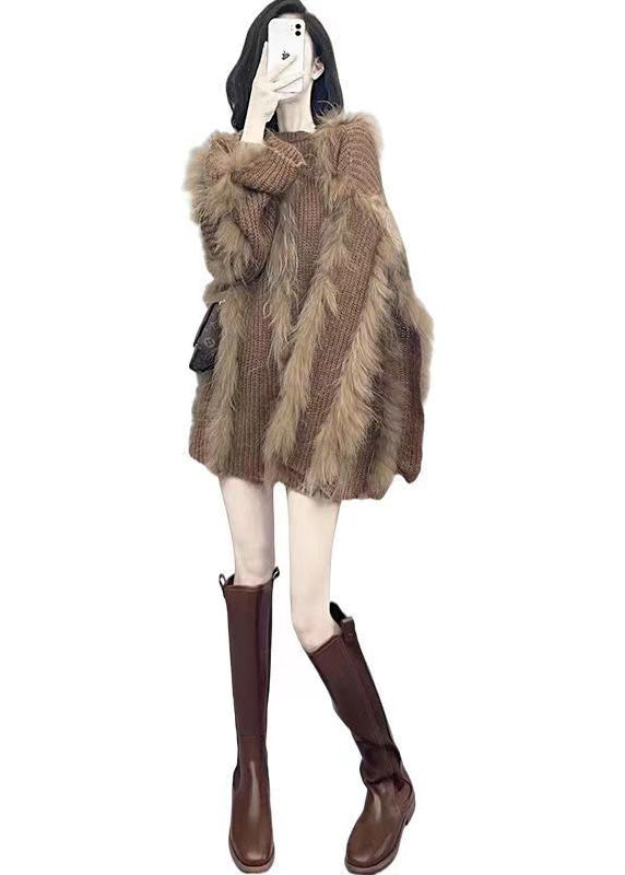 Brown O Neck Fox Hair Patchwork Knit Sweaters Winter
