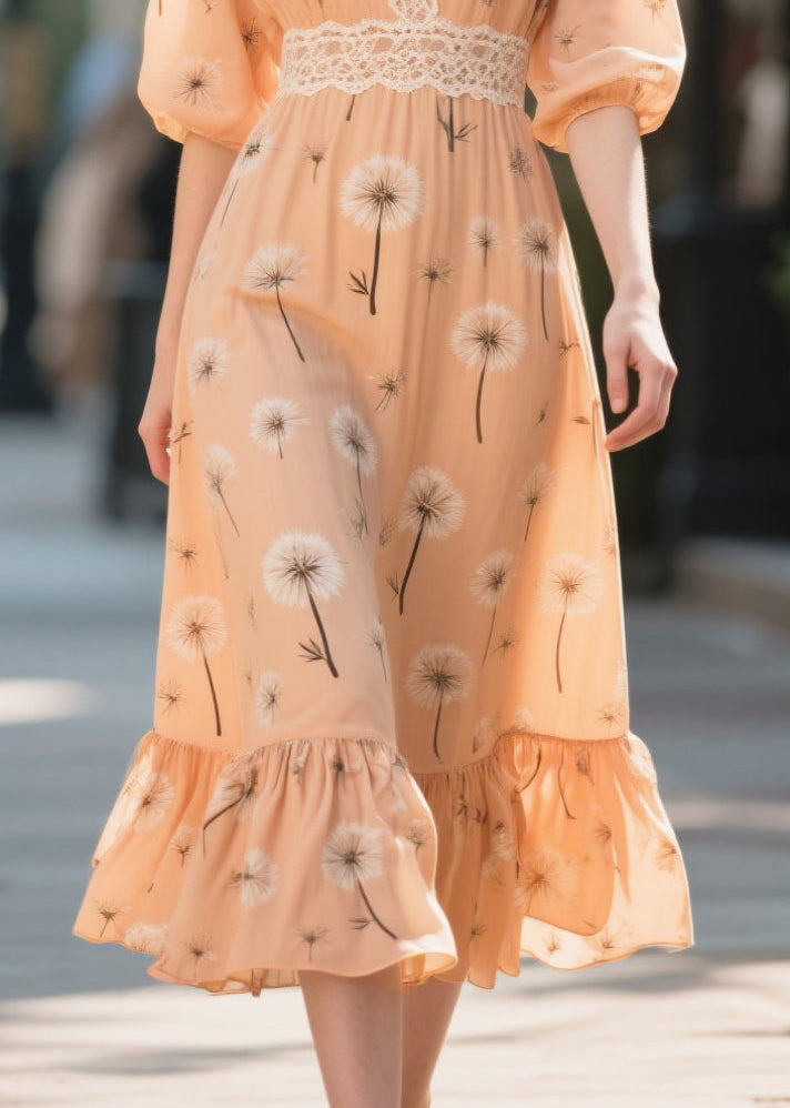 Orange Print Patchwork Chiffon Long Dress Summer