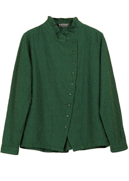 Natural Green Ruffled Jacquard Button Tops Long Sleeve