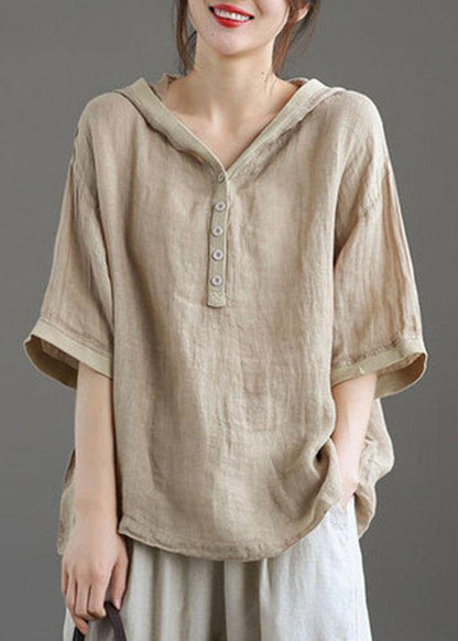Khaki Hooded Patchwork Summer Linen Blouses