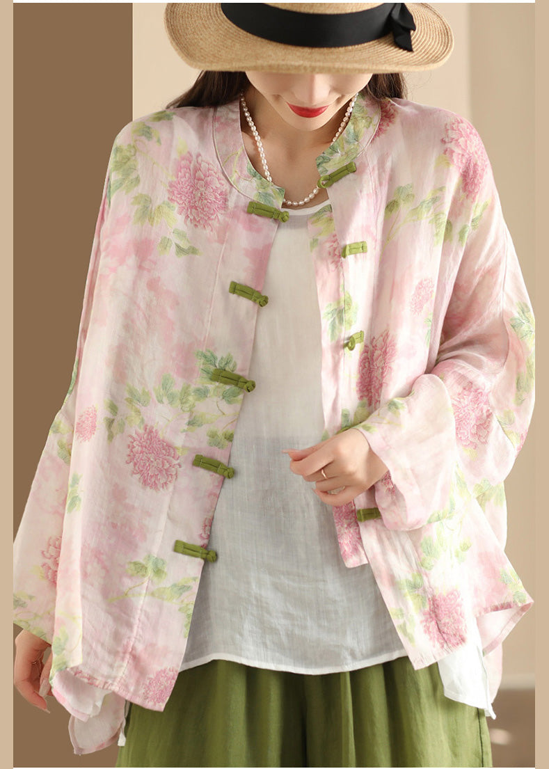 Pink Oversized Print Linen Oriental Shirt Top Summer