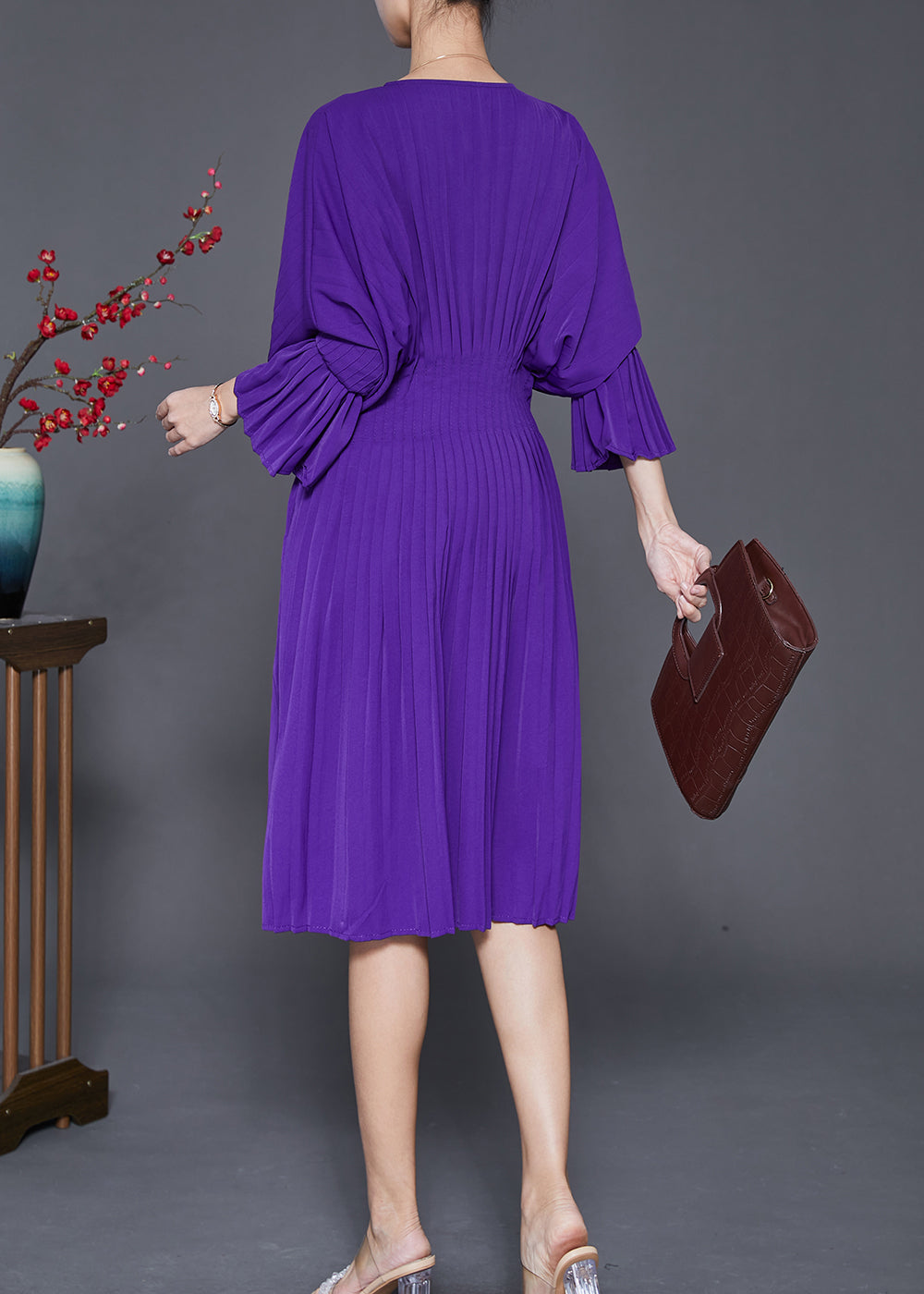 Purple V Neck Silm Fit Cotton Pleated Dress Fall