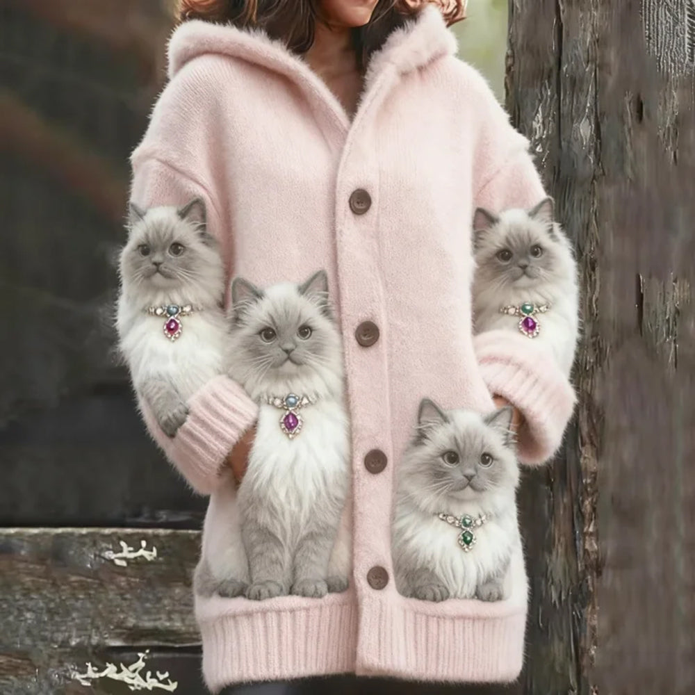 Comstylish Cat Wearing Pearl Necklace Thick Hooded Cardigan Long Sweater