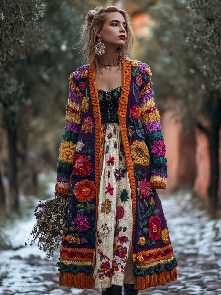 Vintage Mexican Flowers Embroidered Cozy Sweater Cardigan elevenforest