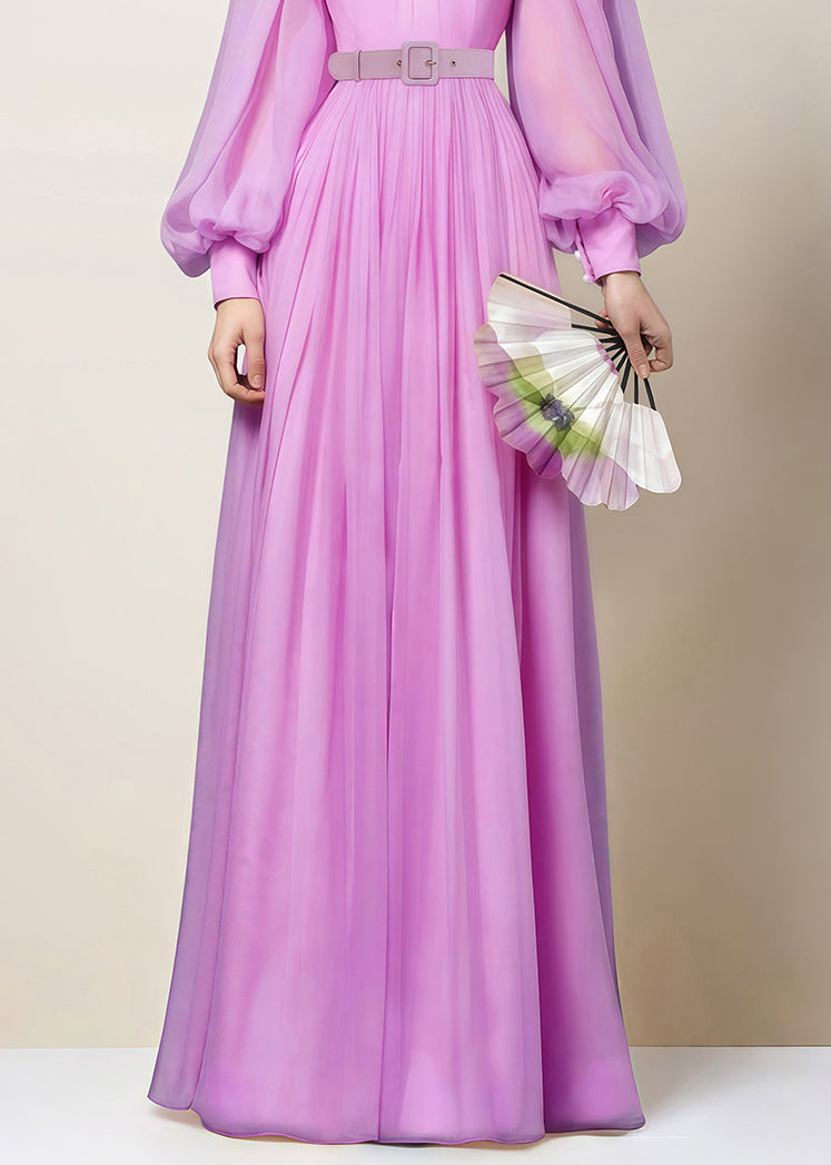 Pink Zippered Wrinkled Chiffon Maxi Dresses Fall