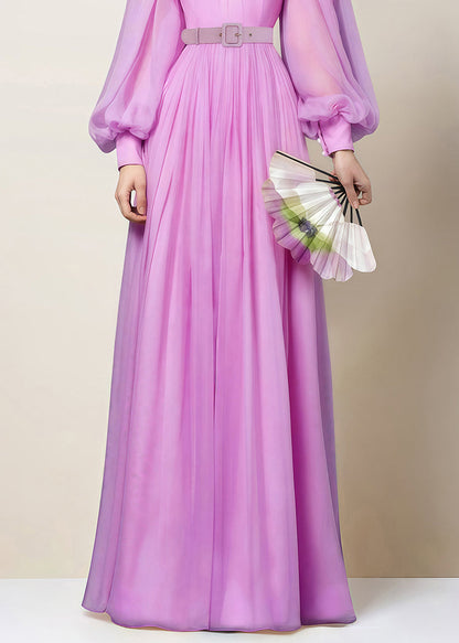 Pink Zippered Wrinkled Chiffon Maxi Dresses Fall