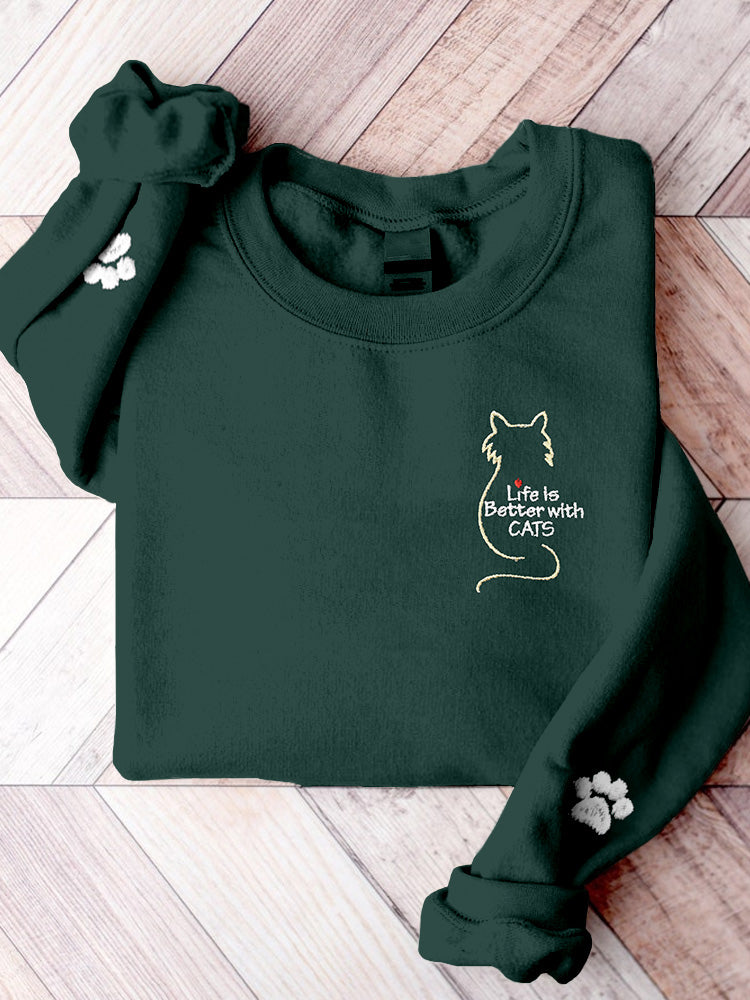 Life Is Better With Cats Embroidered Comfy Sweatshirt elevenforest
