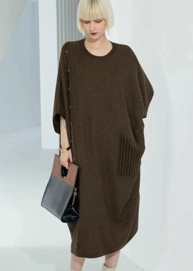 Boutique Chocolate O-neck Patchwork Button Long Wool Knit Dress Bracelet Sleeve
