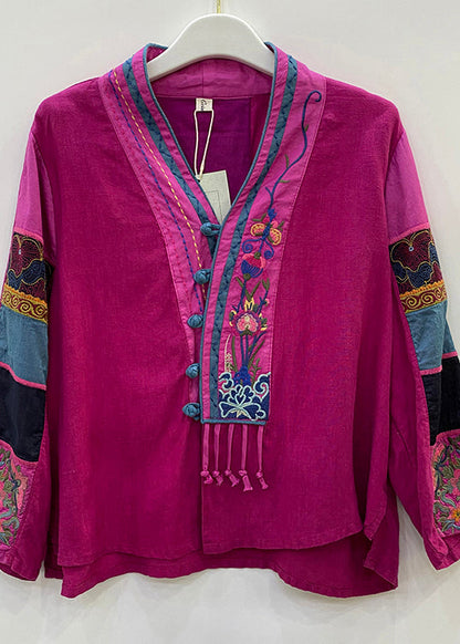 Rose V Neck Low High Design Linen Top Long Sleeve