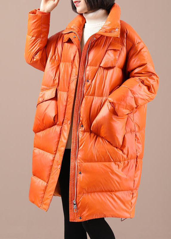 Orange Loose Stand Collar Pockets Winter Duck Down Coats