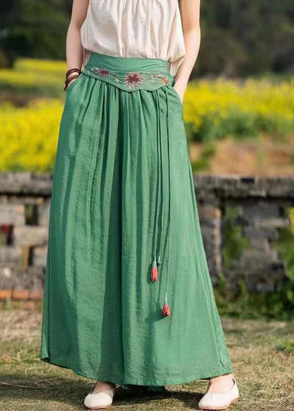 Green Embroideried Pockets Tasseled Patchwork Silk Wide Leg Pants Summer