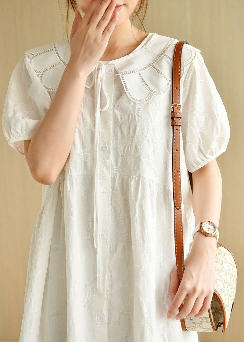 White O-neck Jacquard Summer Cotton Party Dresses Short Sleeve