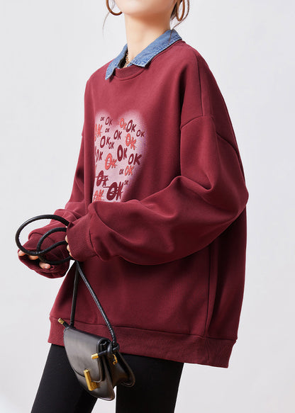 Diy Mulberry O Neck Print Warm Fleece Loose Sweatshirts Top Fall