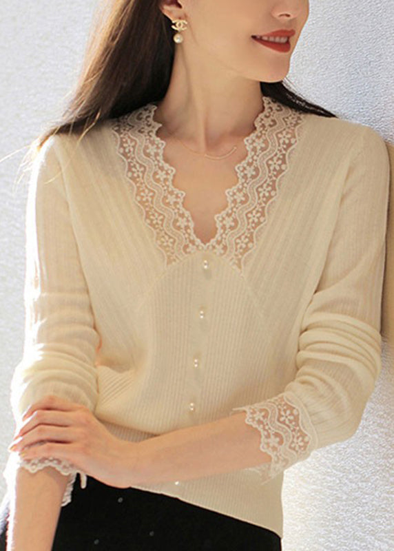 Diy Black V Neck Nail Bead Lace Patchwork Woolen Top Long Sleeve