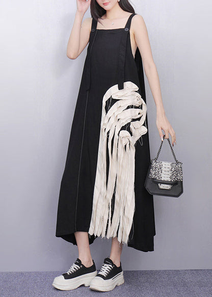 Black Tasseled Patchwork Cotton Sundress Summer