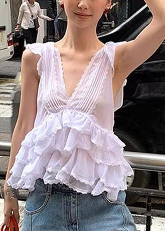 Grey V Neck Ruffled Lace Patchwork Chiffon Vest Summer