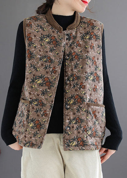 Brown Stand Collar Print Fine Cotton Filled Vest Sleeveless