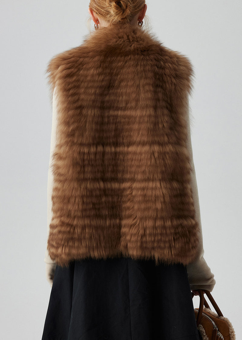 Stylish Brown Stand Collar Pockets Leather and Fur Waistcoat Sleeveless