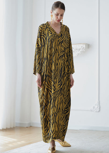 Yellow V Neck Print Patchwork Silk Robe Dresses Fall