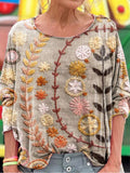Botanical Embroidery Pattern Women's Linen Long Sleeve T-shirt artswardrobe