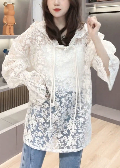Brief Beige Embroideried Button Hooded Upf 50+ Coat Jacket Summer