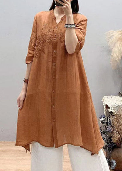 Orange Embroideried Linen Long Shirt Asymmetrical Design Three Quarter Sleeve