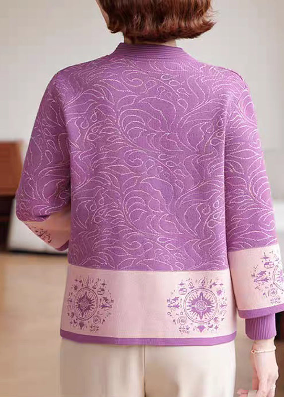 Organic Purple Patchwork Knit Cardigans and Sweaters Two Pieces Set Three Quarter Sleeve