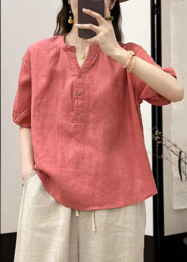 Fine Blue V Neck Button Linen Top Summer