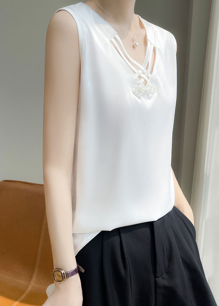 White Nail Bead Silk Tank V Neck Sleeveless