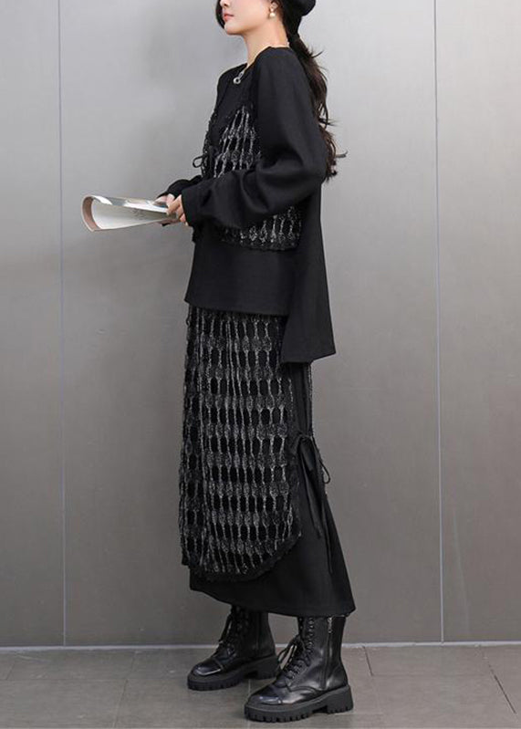 Unique Black O-neck Plaid Patchwork Top and Maxi Skirts Two Piece Set Spring