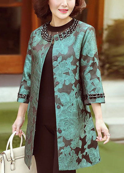 Green O-neck Jacquard Spandex Long Coats Bracelet Sleeve