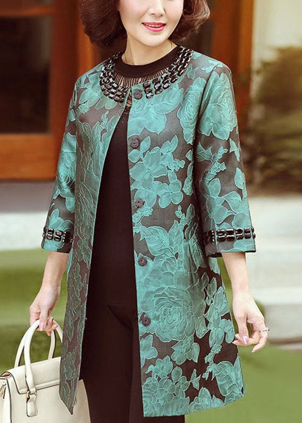 Green O-neck Jacquard Spandex Long Coats Bracelet Sleeve