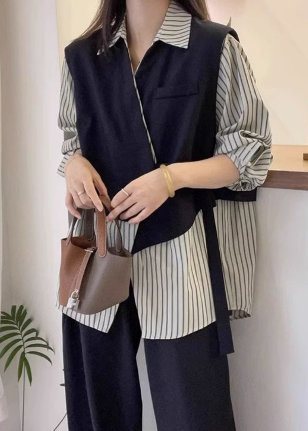 Striped Asymmetrical Button Cotton Shirt Long Sleeve