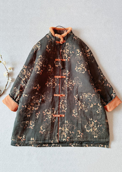 Black Print Pockets Fur Collar Patchwork Fine Cotton Filled Coat Winter