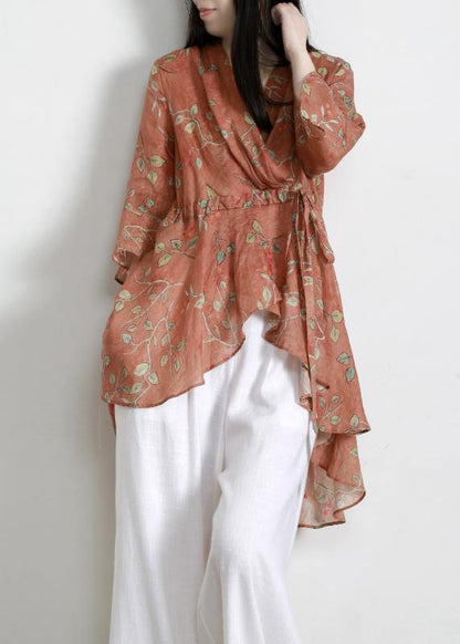 Orange Print Cinchedasymmetrical Design Shirt Top Summer