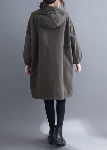 Organic Grey Hooded Zippered Pockets Winter Long Sleeve Coat