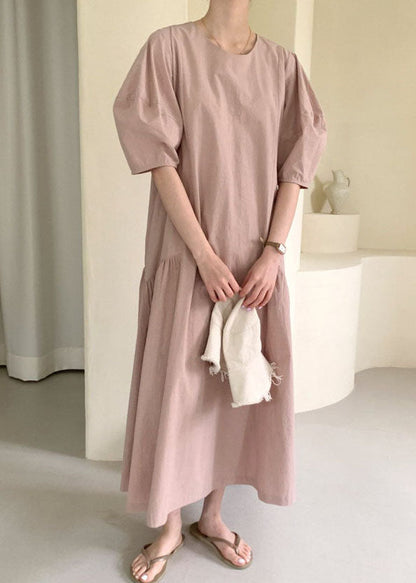 Pink Puff Sleeve Patchwork Cotton Vacation Dresses Spring