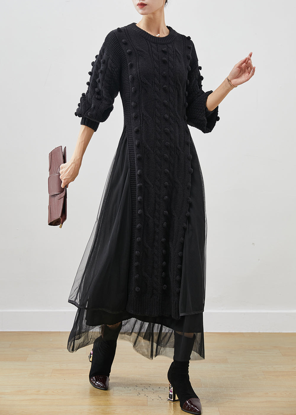 Black Side Open Knit Sweater Dress and Tulle Skirt Two Pieces Set Winter